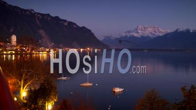 Time Lapse. Sunset Over The Lake Geneva And Montreux