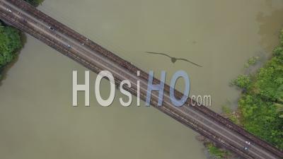Old Bridge Crossing Nam Khan River At Luang Prabang, Drone Footage
