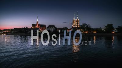 Ostrow Tumski, Cathedral Of St. John The Baptist, Katedra Swietego Jana Chrzciciela, Old Town, Wroclaw, Night - Video Drone Footage