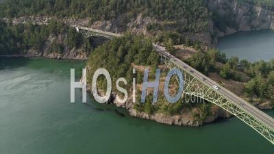 World Famous Bridge In Washington State The Crosses Puget Sound San Juan Islands - Drone Point Of View