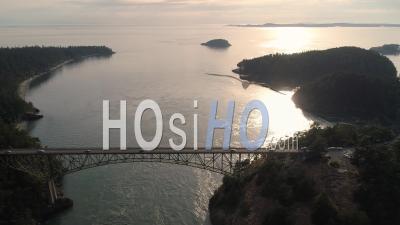 Washington State Helicopter View Of Deception Pass Bridge On The Puget Sound Coastline. - Drone Point Of View