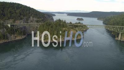 Panoramaic Aerial Of Tourist Attraction Deception Pass Bridge In Pacific Northwest - Video Drone Footage