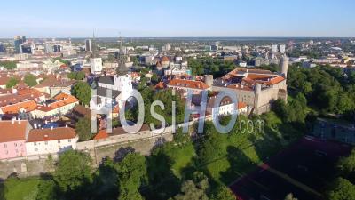 Tallinn Skyline At Sunset From Outside City Walls, Estonia - Video Drone Footage