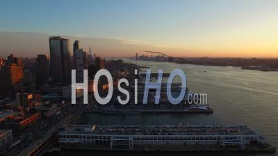 Nyc New York Usa Flying Over Manhattan Cruise Terminal Towards Downtown At Sunset - Video Drone Footage