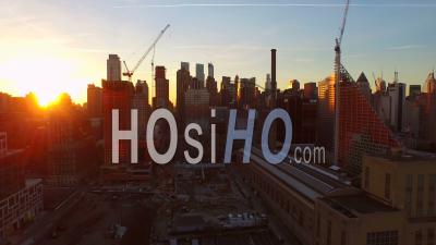 Nyc New York Usa Flying Low Into West Side Manhattan Towards Midtown Between Buildings At Sunrise - Video Drone Footage