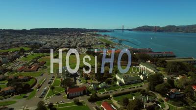 San Francisco California Usa Flying Low Over Fort Mason Park Panning Left - Video Drone Footage