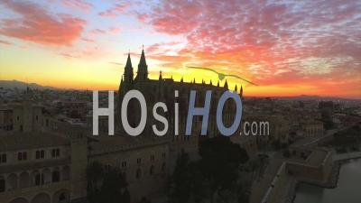 Sunrise Over La Seu Cathedral Palma De Mallorca Spain - Video Drone Footage