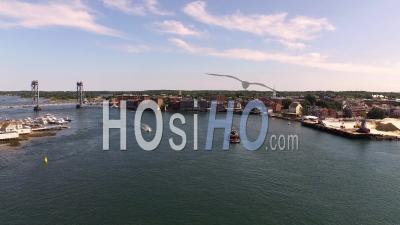 Portsmouth United Kingdom Flying Low Over Piscataqua River And Harbor Panning With City Views - Video Drone Footage