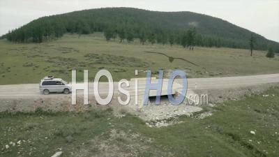 Travelling By Car Through The Backroads Of Mongolia - Video Drone Footage