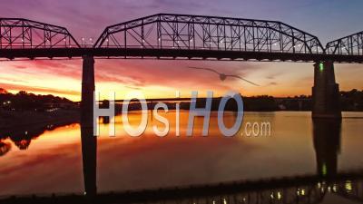 Aerial Sunrise Walnut Street Bridge Over Chattanooga Tennessee - Video Drone Footage