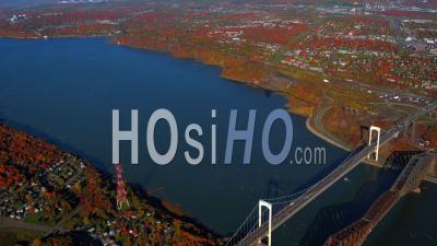Autumn Colours Pierre Laporte And Quebec Bridge St Lawrence River Quebec City - Video Drone Footage