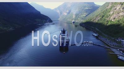 Scenic Geiranger Fjord With Cruise Ships Norway - Video Drone Footage