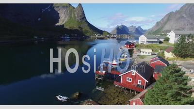Small Fishing Village Of Lofoton Norway With Mountains And Fjord - Video Drone Footage