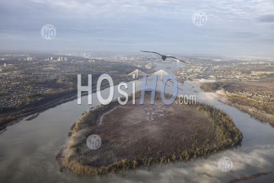 Douglas Island On Fraser River With Port Man Bridge. Taken During A Foggy Morning. - Aerial Photography