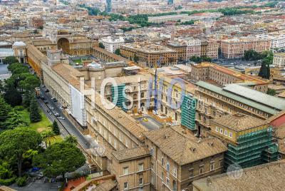 Buildings And Garden In Vatican From The Roof Of The Papal Basilica Of St. Peter In Vatican City, Italy - Aerial Photography