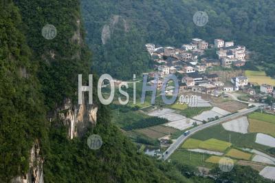 Village And Scenery Seen From The Top Of Moon Hill, Guangxi, China. - Aerial Photography
