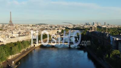 Eiffel Tower, Bridges On Seine River, Triumphal Arch, La Defense Seen From Drone