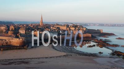 Saint-Malo Old Town At Sunrise - Video Drone Footage