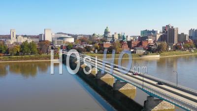 Aerial Video Drone Footage Of Pennsylvania Capital Building In Harrisburg With Susquehanna River Bridge Foreground