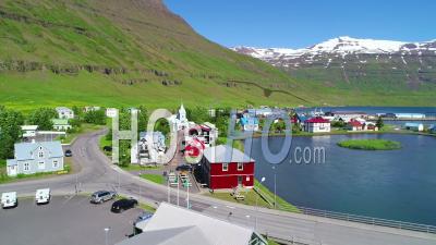 Aerial View Over An Icelandic Fishing Village, Seydisfjordur, Iceland - Video Drone Footage