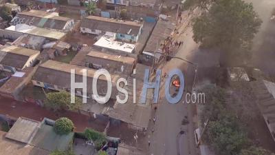 Aerial View Rioting, Fires And Riots In The Kibera Slum Of Nairobi During Controversial Elections In Kenya In 2018 - Video Drone Footage