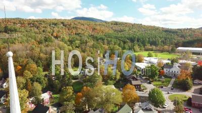 Aerial View Over Stowe Vermont Perfectly Captures Small Town America Or New England Beauty - Video Drone Footage