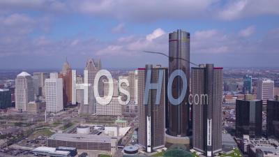 Aerial View Of Downtown Detroit, With Gm Tower And Detroit River - Video Drone Footage