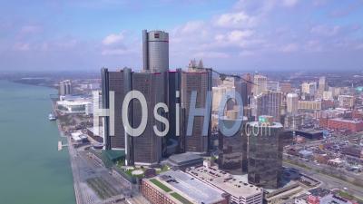 Aerial View Of Downtown Detroit, With Gm Tower And Detroit River - Video Drone Footage