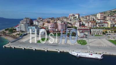 Aerial View Of The Resort Town Of Sarande On The Coast Of Albania - Video Drone Footage