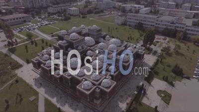 Aerial View Over The National Library Of Kosovo At University Of Pristina - Video Drone Footage