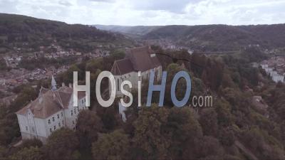 Aerial View Over A Church Or Castle Estate In Sighisoara Castrum Sex In Romania Birthplace Of Dracula - Video Drone Footage
