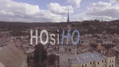 Aerial View Over A Church Or Castle Estate In Sighisoara Castrum Sex In Romania, Birthplace Of Dracula - Video Drone Footage