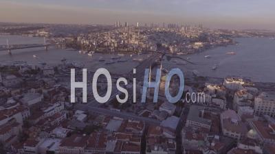 Aerial View Of Istanbul Turkey Old City Skyline With Mosques And Bosphorus River Bridges Distant - Video Drone Footage