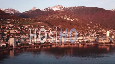 The Shore Of Swiss Riviera At Sunset - Video Drone Footage