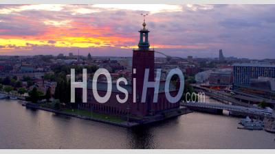 Stockholm City Hall During An Cloudy Sunset In Sweden, Drone View