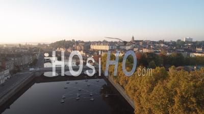 Sunrise On The River Mayenne In Laval, Mayenne, France - Video Drone Footage