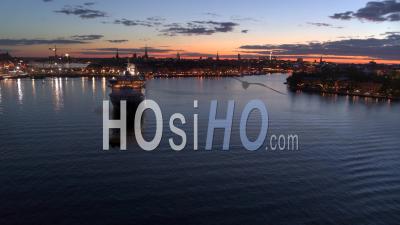 Cruise Ship With Stockholm City Background, Sweden - Video Drone Footage