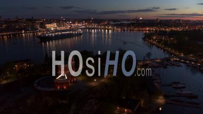 Cruise Ship With Stockholm City Background, Sweden - Video Drone Footage