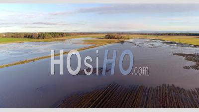 Flooded Farming Landscape, Autumn, Sweden - Video Drone Footage