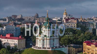 Aerial View Of Kiev (kyiv), St. Andrew's Church, Kiev Skyline, Ukraine - Video Drone Footage