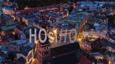 Establishing Aerial View Of Riga At Night, Riga Skyline, Latvia - Video Drone Footage