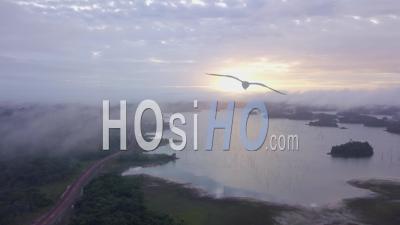 Panning/Truck Aerial Drone Misty Sunrise Shot In The Amazon