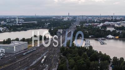 Aerial Shot Of Trains Arriving To Helsinki Central Station, Helsinki, Finland - Video Drone Footage