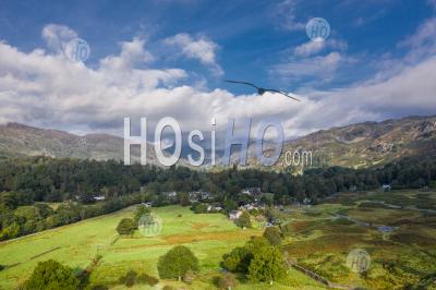 Aerial View Over Scenic Village In Lake District - Aerial Photography