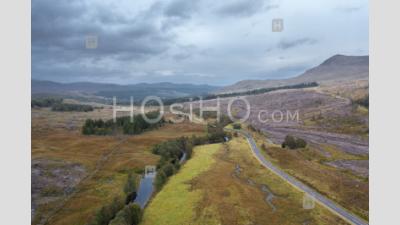 Scenic Road In The Northwest Highlands Of Scotland At Autumn - Aerial Photography