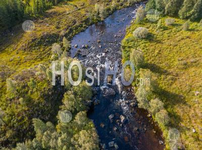 Aerial Top Down View Over Moriston River At Early Autumn In The Highlands Of Scotland - Aerial Photography