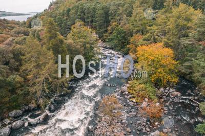 Drone Shoot Over River In Scottish Highlands At Autumn - Aerial Photography