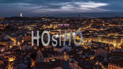 Aerial View Of Lisbon At Sunset, Lisboa, City Panorama, Portugal - Video Drone Footage