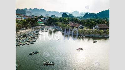 Aerial Panoramic View With Rowing Boats At Bich Dong , Tam Coc - Aerial Photography