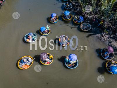 Top View With Drone Of Coconut Tree Forest With Bamboo Basket Boats In Hoi An,Vietnam - Aerial Photography